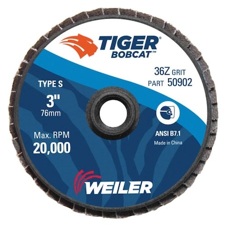 Weiler 3" BobCat Mini Abrasive Flap Disc, Conical (TY29), Type S Mount, 36Z 50902